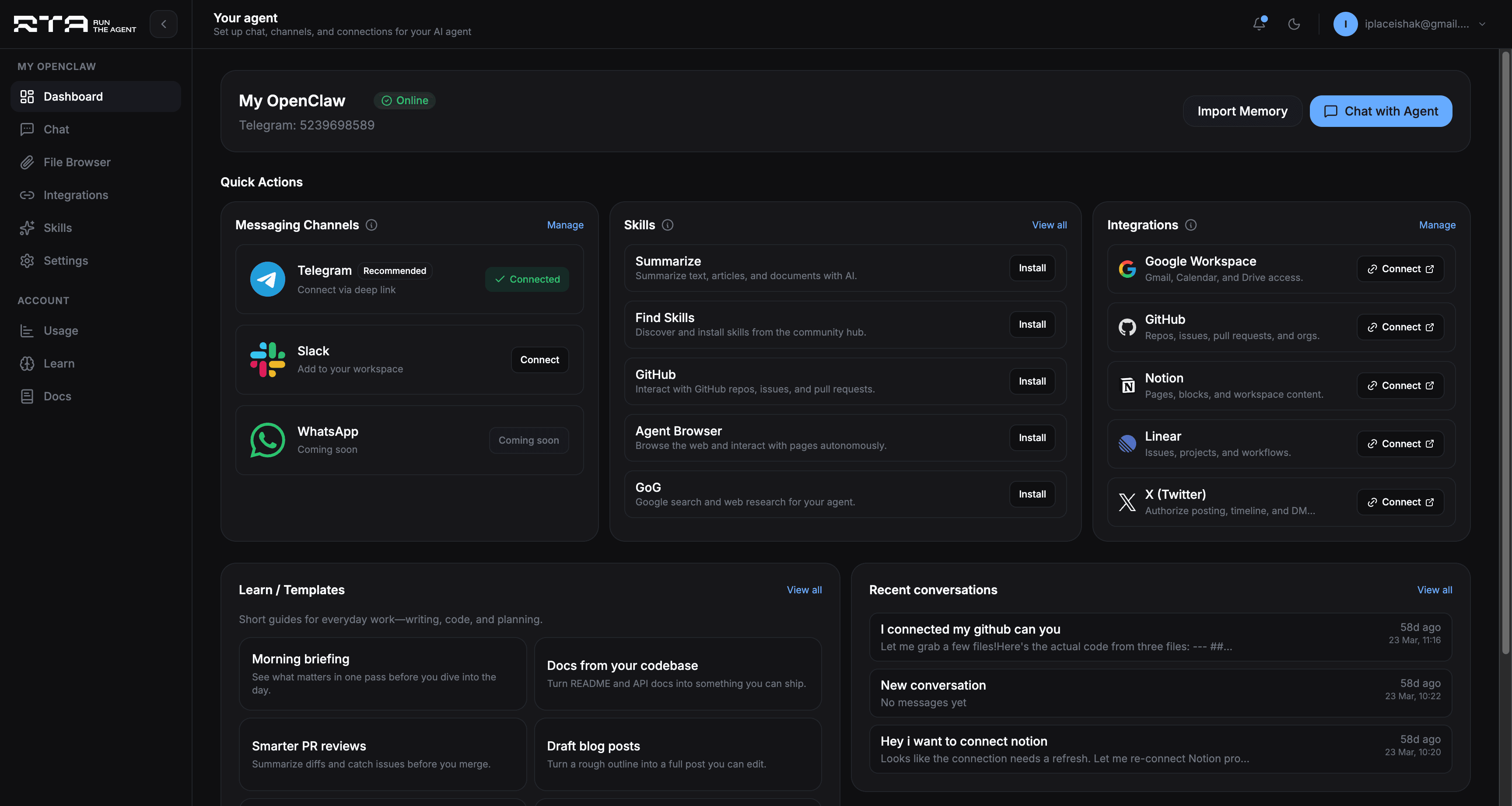 RunTheAgent, OpenClaw set up and managed for you, running 24/7 with one click